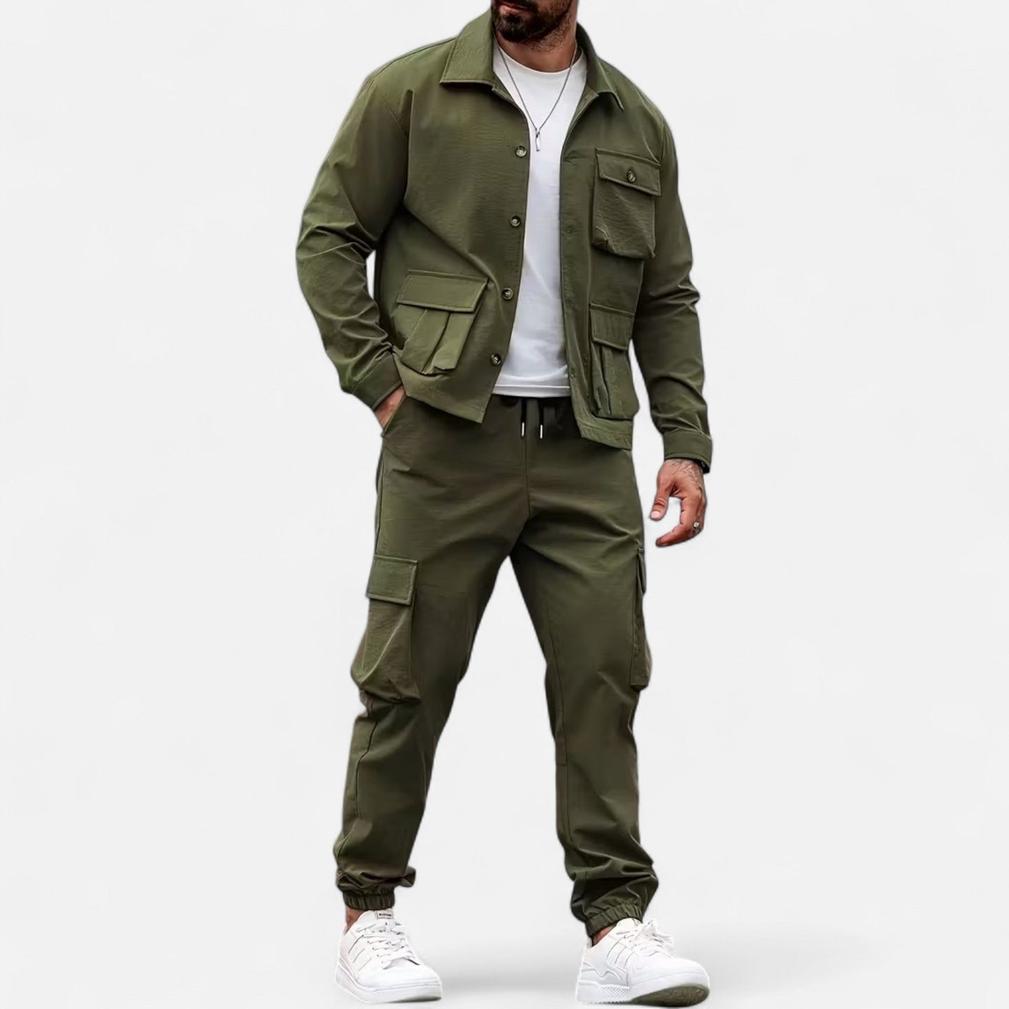 Ruben | Herren Workwear Set mit Hemdjacke & Jogginghose – Lässiges 2-Teiliges Outfit mit Taschen & Kordelzug für Alltag & Freizeit