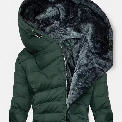 Diana | Damen Fleece-gefütterte Kapuzenjacke – Figurbetonte Lange Übergangsjacke mit Reißverschluss & Warmem Innenfutter