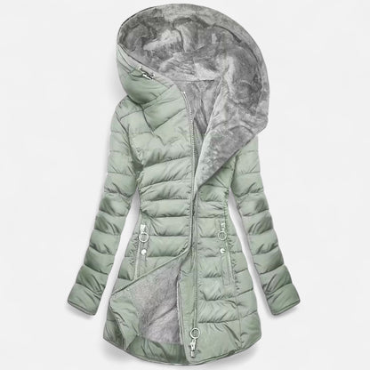 Diana | Damen Fleece-gefütterte Kapuzenjacke – Figurbetonte Lange Übergangsjacke mit Reißverschluss & Warmem Innenfutter