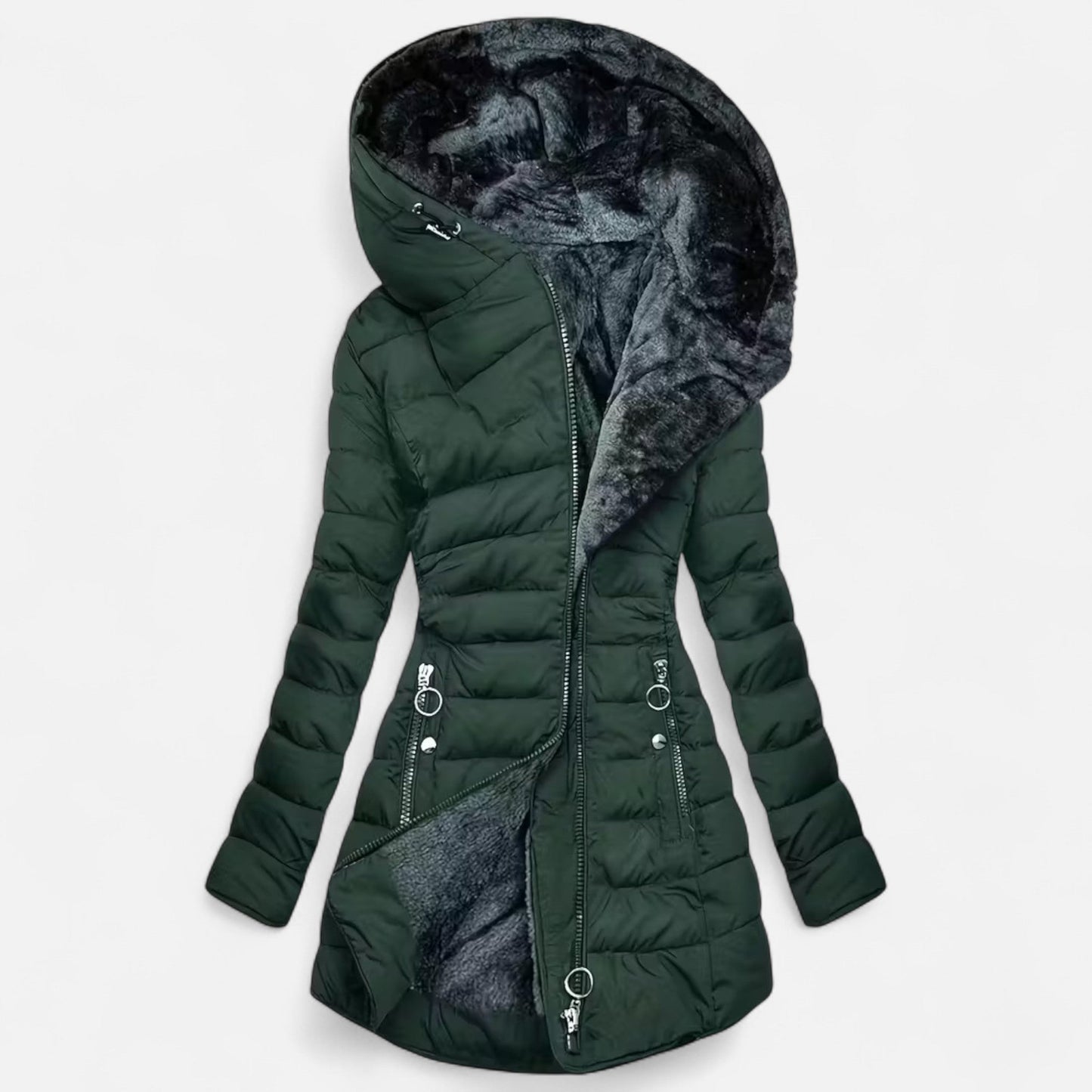 Diana | Damen Fleece-gefütterte Kapuzenjacke – Figurbetonte Lange Übergangsjacke mit Reißverschluss & Warmem Innenfutter