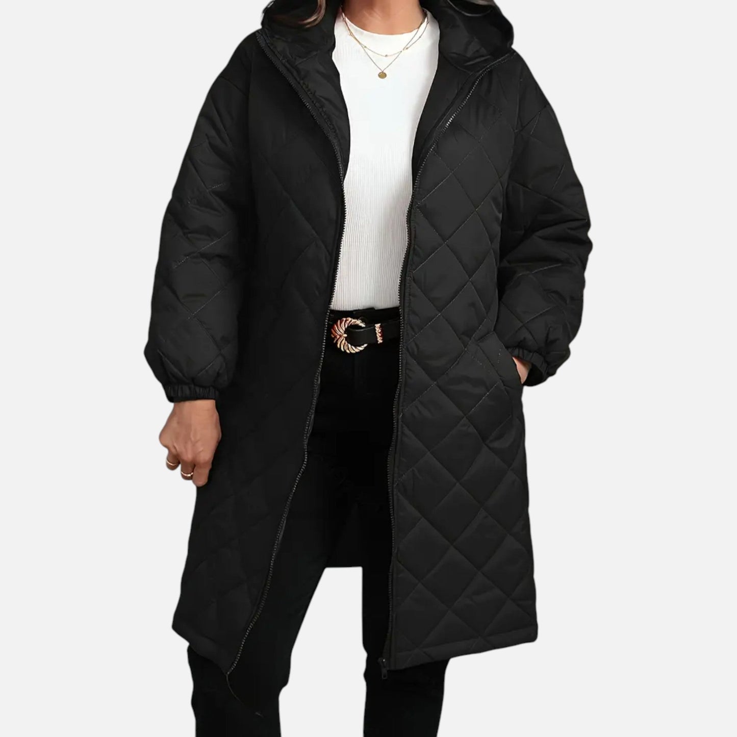 Erna | Damen Steppjacke mit Kapuze – Langer Mantel mit Reißverschluss für Herbst & Winter Eleganz