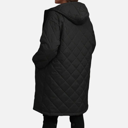 Erna | Damen Steppjacke mit Kapuze – Langer Mantel mit Reißverschluss für Herbst & Winter Eleganz
