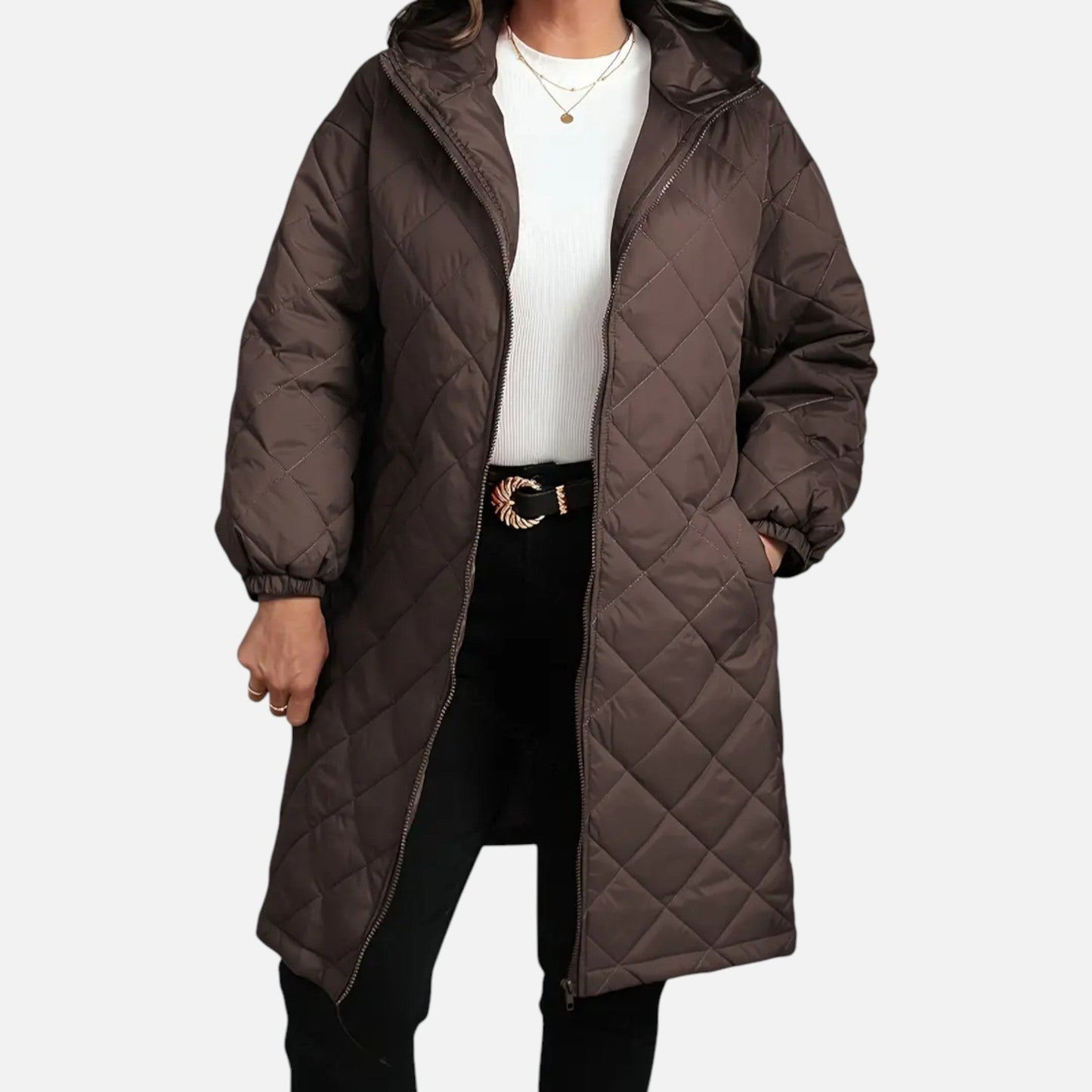 Erna | Damen Steppjacke mit Kapuze – Langer Mantel mit Reißverschluss für Herbst & Winter Eleganz