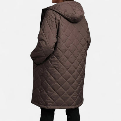 Erna | Damen Steppjacke mit Kapuze – Langer Mantel mit Reißverschluss für Herbst & Winter Eleganz