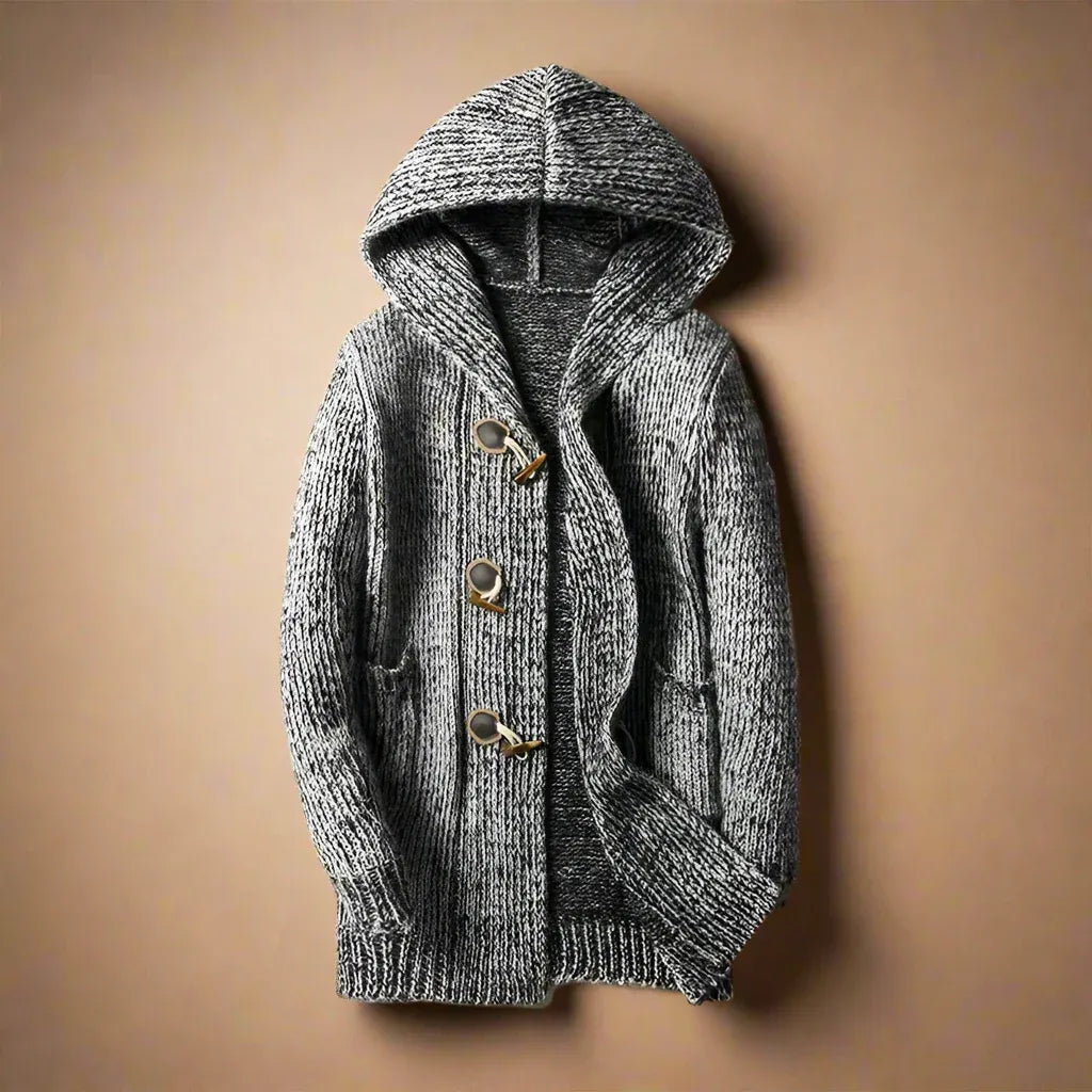 Gerry | Herren Strick-Cardigan lang mit Kapuze & Holzknebelverschluss