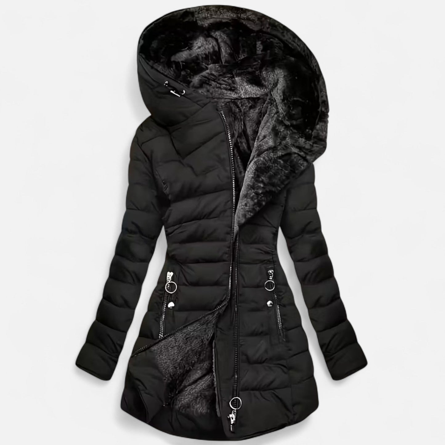 Diana | Damen Fleece-gefütterte Kapuzenjacke – Figurbetonte Lange Übergangsjacke mit Reißverschluss & Warmem Innenfutter