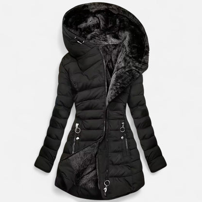 Diana | Damen Fleece-gefütterte Kapuzenjacke – Figurbetonte Lange Übergangsjacke mit Reißverschluss & Warmem Innenfutter