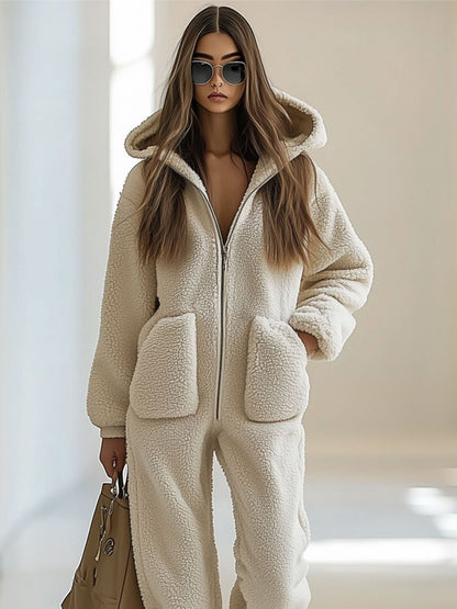 Damen Teddyfleece-Jumpsuit mit Kapuze | Kuscheliger Winterkomfort & Lässiger Stil