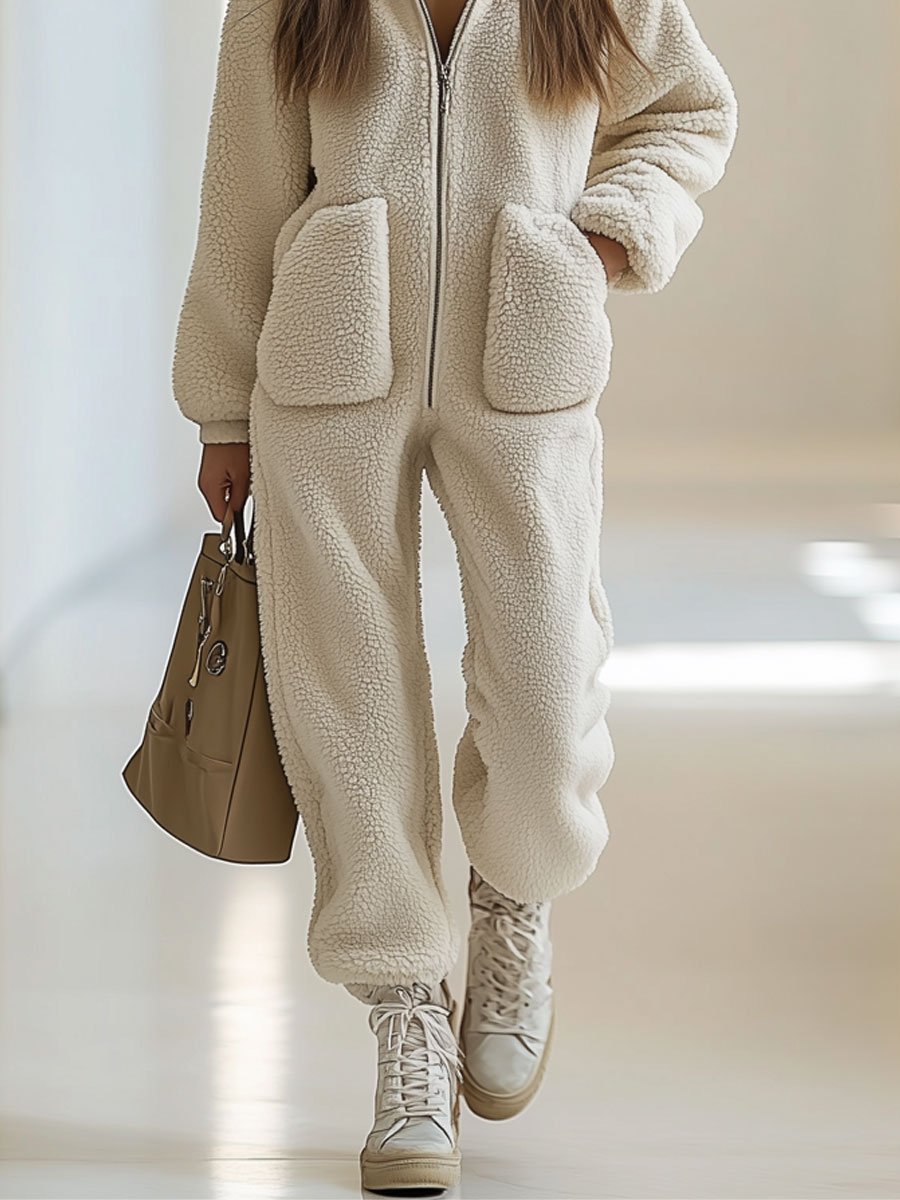 Damen Teddyfleece-Jumpsuit mit Kapuze | Kuscheliger Winterkomfort & Lässiger Stil