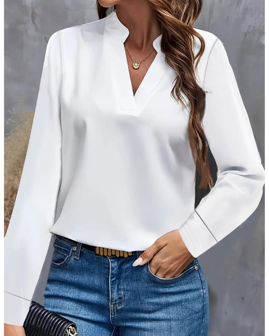 Damen Langarmbluse mit V-Ausschnitt – Elegante Bluse für Büro, Meetings und Alltag