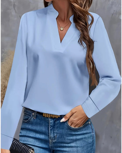 Damen Langarmbluse mit V-Ausschnitt – Elegante Bluse für Büro, Meetings und Alltag