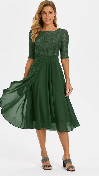 Damen Midi-Kleid mit Spitze und Chiffon – Elegantes Festkleid für besondere Anlässe