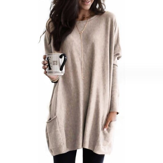 Damen Oversize Strickpullover Lang | Warmer Winterpullover mit Taschen