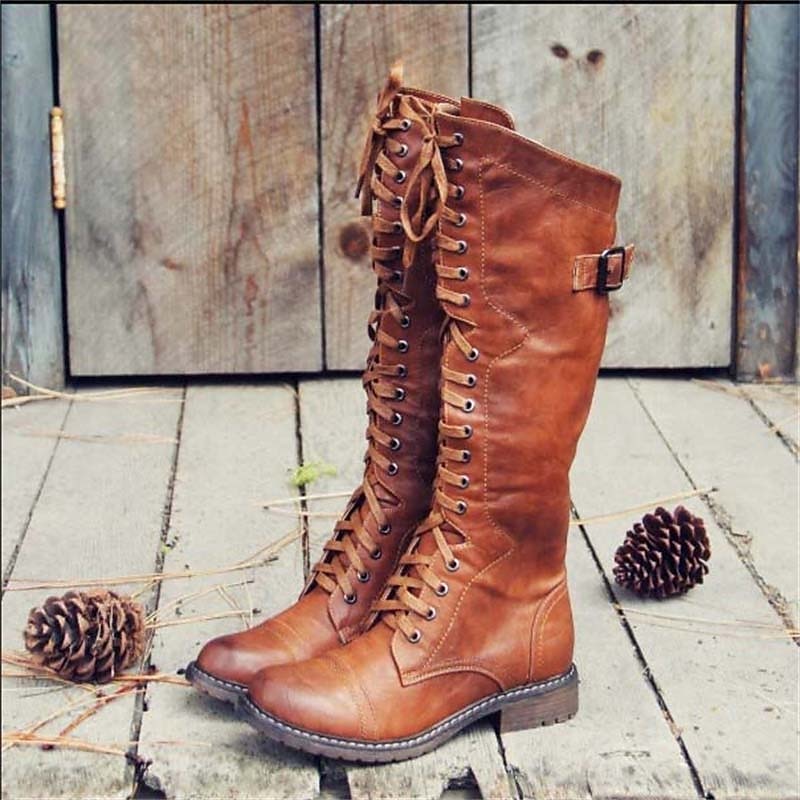 Damen Hohe Schnürstiefel im Vintage-Look | Stylische Herbststiefel mit Profilsohle