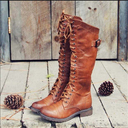 Damen Hohe Schnürstiefel im Vintage-Look | Stylische Herbststiefel mit Profilsohle