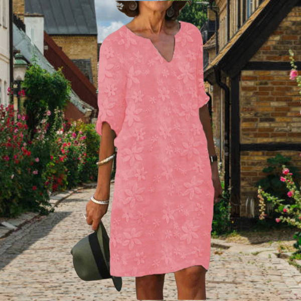 Elegantes Damenkleid mit V-Ausschnitt – Florales Design & Zeitlose Eleganz