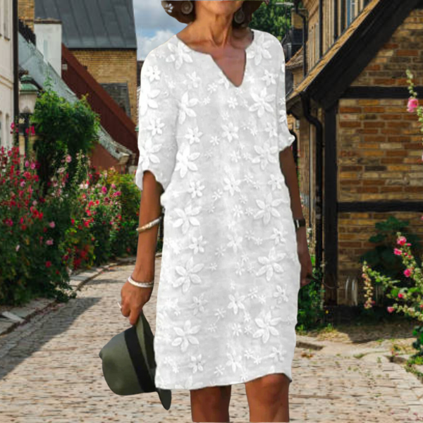 Elegantes Damenkleid mit V-Ausschnitt – Florales Design & Zeitlose Eleganz