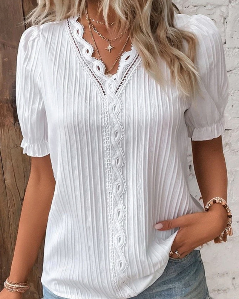 Damen Strukturierte Bluse mit V-Ausschnitt – Klassische Bluse für Alltag, Büro und gepflegte Looks
