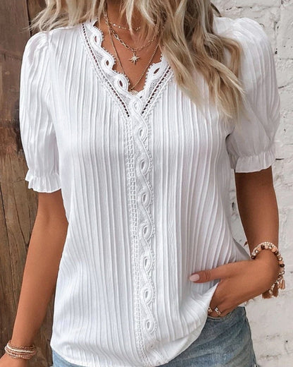 Damen Strukturierte Bluse mit V-Ausschnitt – Klassische Bluse für Alltag, Büro und gepflegte Looks