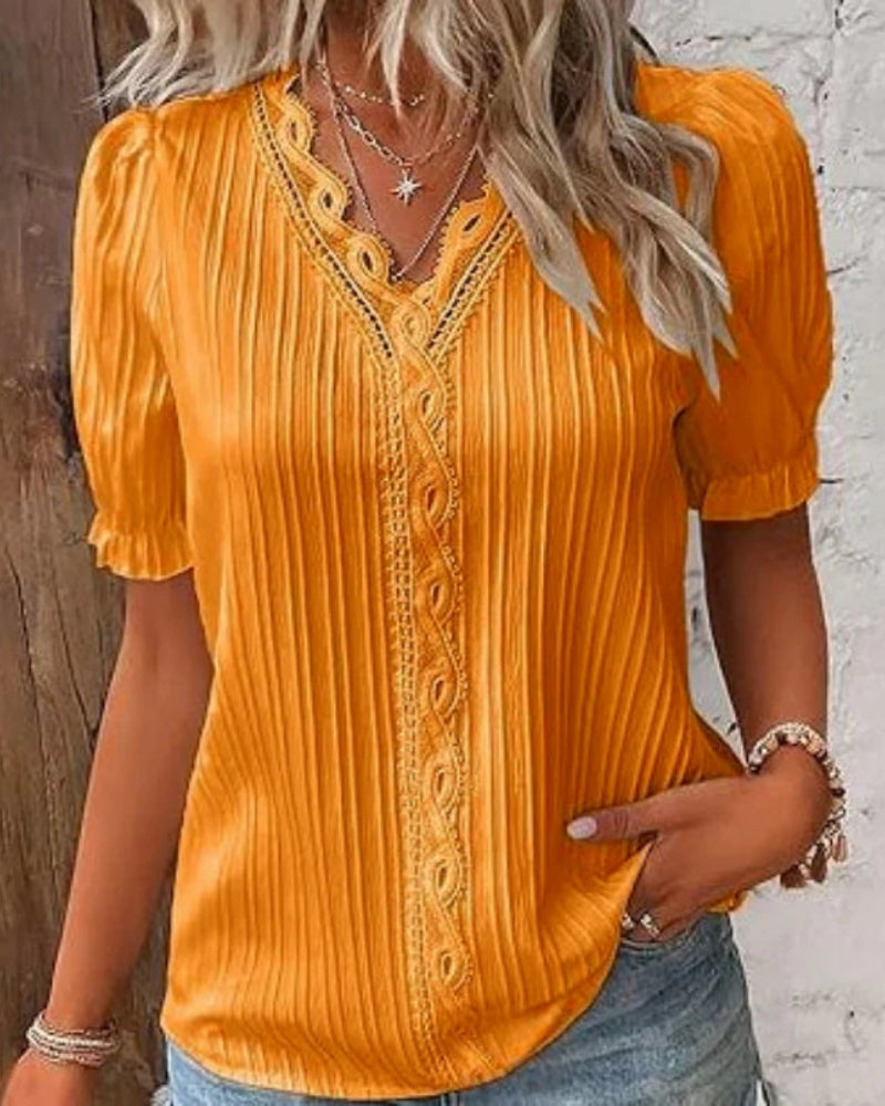 Damen Strukturierte Bluse mit V-Ausschnitt – Klassische Bluse für Alltag, Büro und gepflegte Looks
