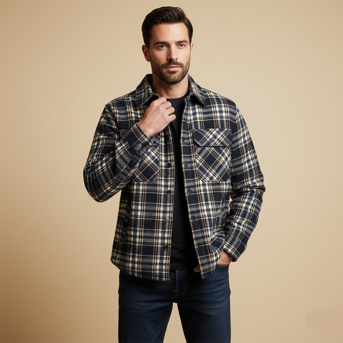 Herren Flanell-Hemdjacke mit Fleece-Futter | Warme Outdoor-Überhemdjacke