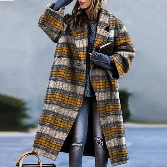 Damen Karomantel Oversize | Langer Wintermantel im modernen City-Stil