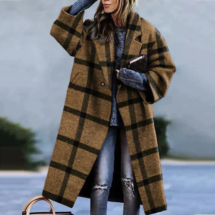 Damen Karomantel Oversize | Langer Wintermantel im modernen City-Stil