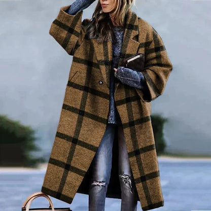 Damen Karomantel Oversize | Langer Wintermantel im modernen City-Stil