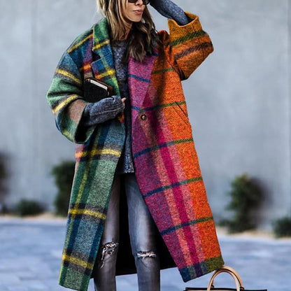 Damen Karomantel Oversize | Langer Wintermantel im modernen City-Stil